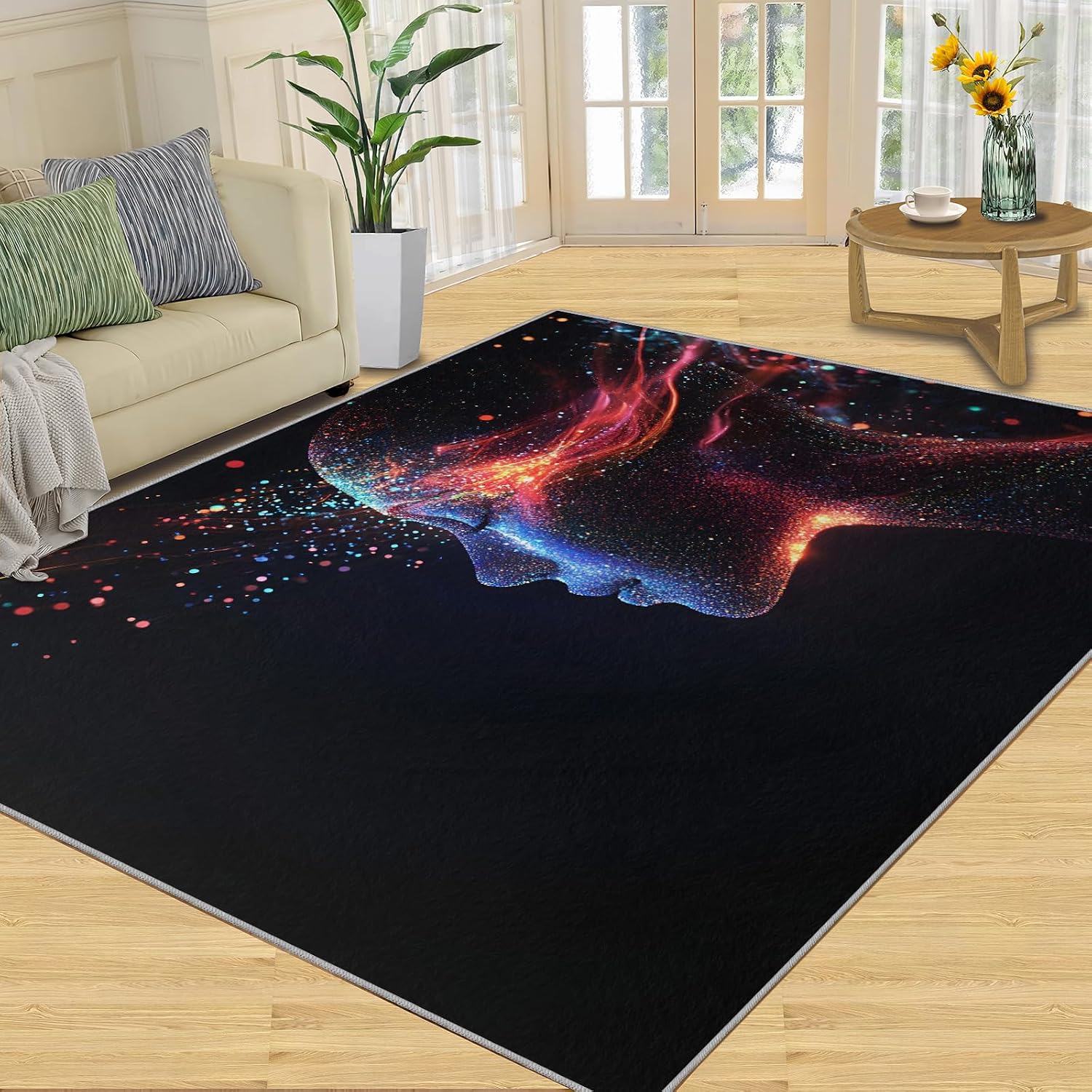 Sci-fi Theme Rug 6x8-6x8 Rug, Human Brain Washable Rugs for Living Room, Woman Carpet, Female Profile Non-Slip Area Rugs for Bedroom, Future Carpet, Sci-fi Home Decor