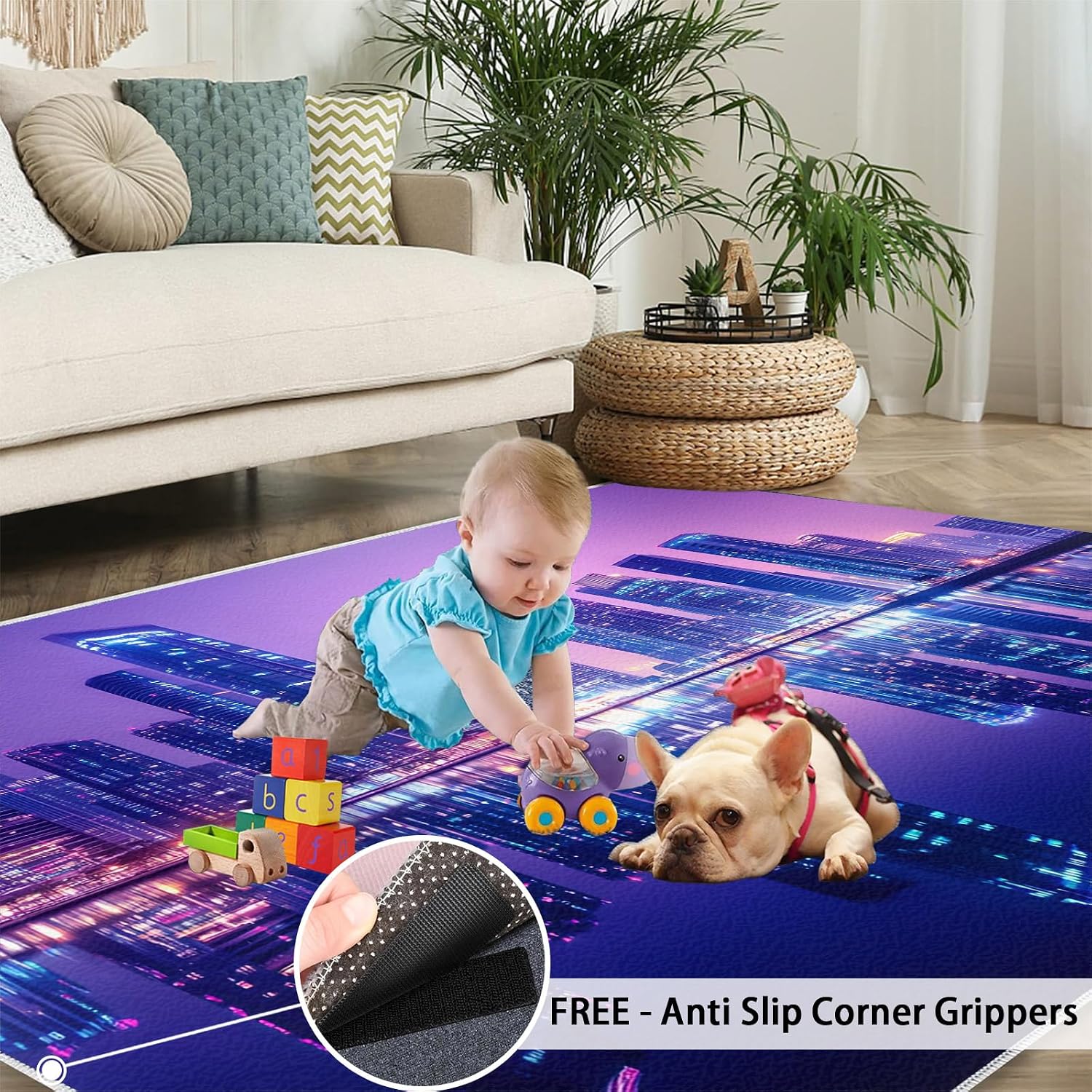 City Nightscape Area Rug 6x8 - Futuristic City Large Rugs for Living Room, Technological Buildings Carpet Area Rug for Girls Bedroom Kids Room Basement Office Classroom