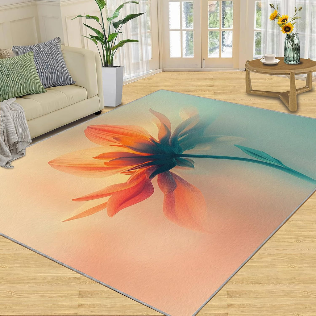 Floral Rugs for Bedroom - 6x8 Rug, Fantasy Flower Area Rugs for Living Room, Orange Green Ombre Carpet, Modern Washable Area Mat, Aesthetic Carpet, Floral Home Decor & Gifts