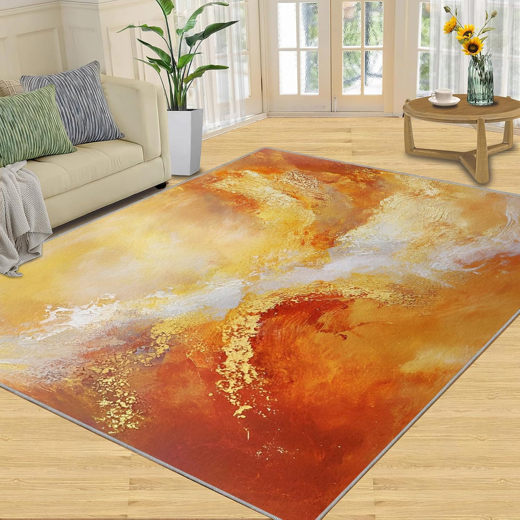 Modern Rug 6x8-6x8 Rug, Orange Gold Print Area Rugs for Bedroom, Luxury Rugs for Living Room, Abstract Washable Mat, Orange Carpet, Modern Home Decor & Gifts