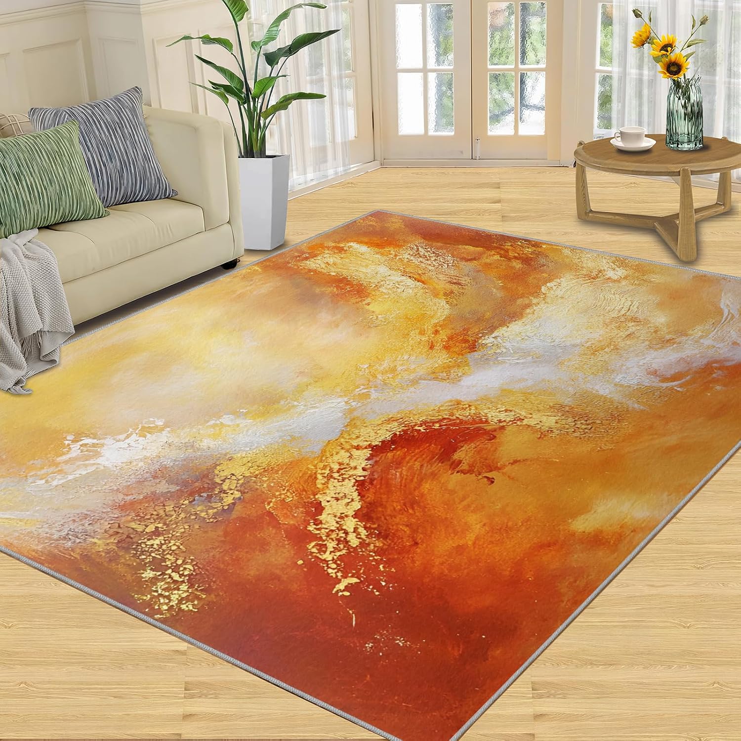 Abstract Gold Rug 6x8, Modern Art Rugs for Bedroom, Imitation Metal Area Rug, Non Slip Washable Rugs for Living Room Farmhouse, Indoor Low Pile Decor Carpet