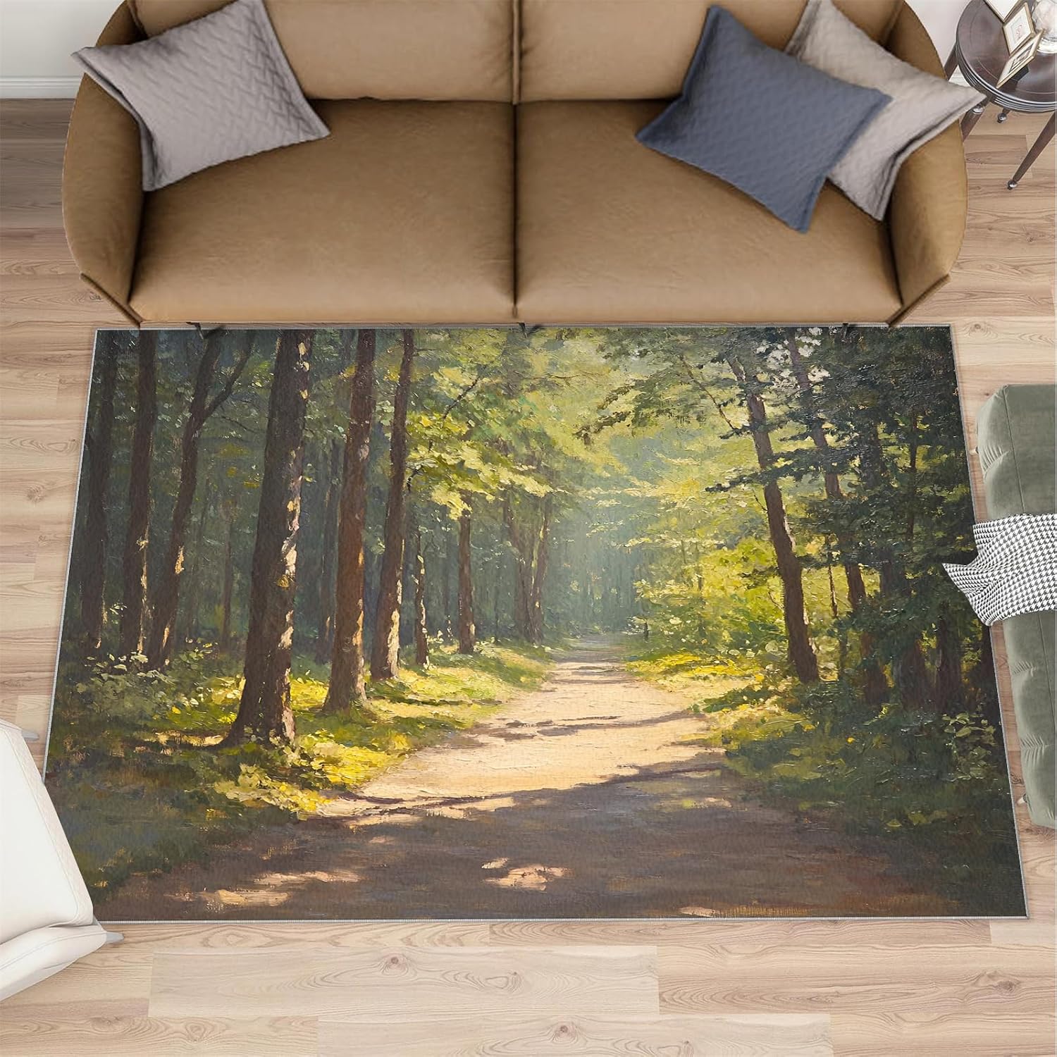 Forest Rugs for Bedroom, Sunshine Forest Rug 6x8, Natural Oil Painting Dining Room Rugs Washable & Non Slip Large Carpet for Home Decor