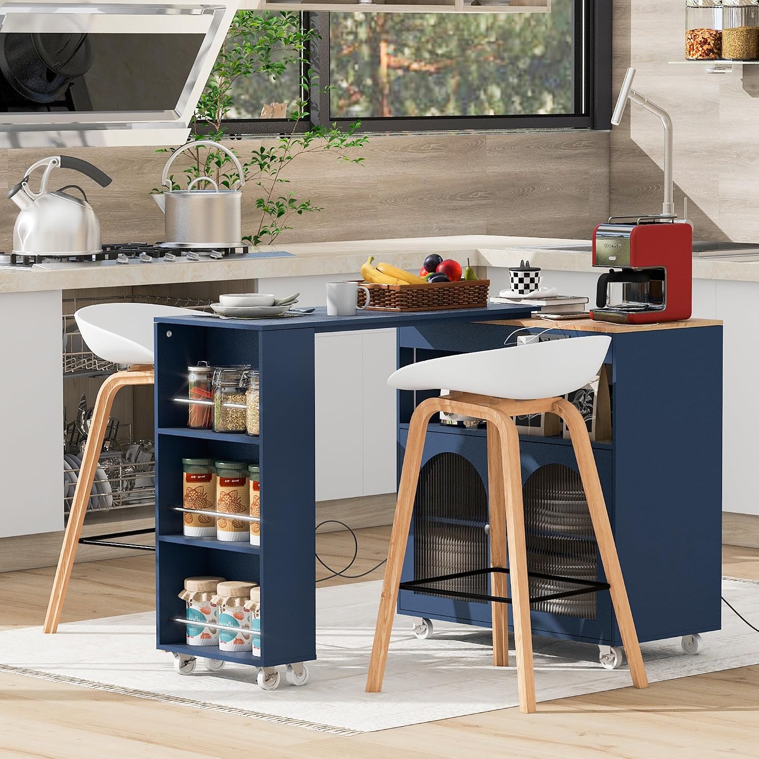 Merax Kitchen Island with Extended Table, Rolling Kitchen Islands Cart with LED Lights, Power Outlets, 2 Fluted Glass Doors, Storage Compartment, and Side 3 Open Shelves (Navy Blue)