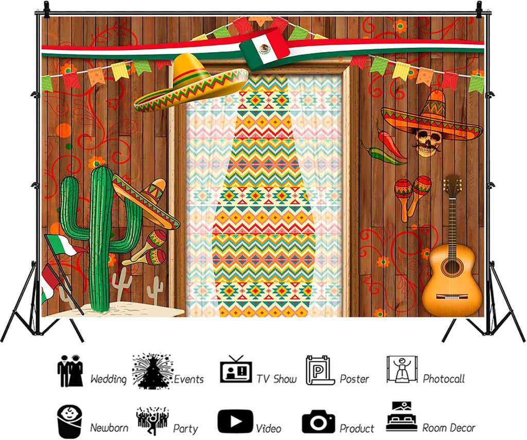 20x10ft Mexico Fiesta Photography Backdrop Wooden Mexico Cactus Guitar Flags Photography Background Cinco de Mayo Party Mexico Theme Bday Festival Banner Supplies for Kid Adults Video Studio