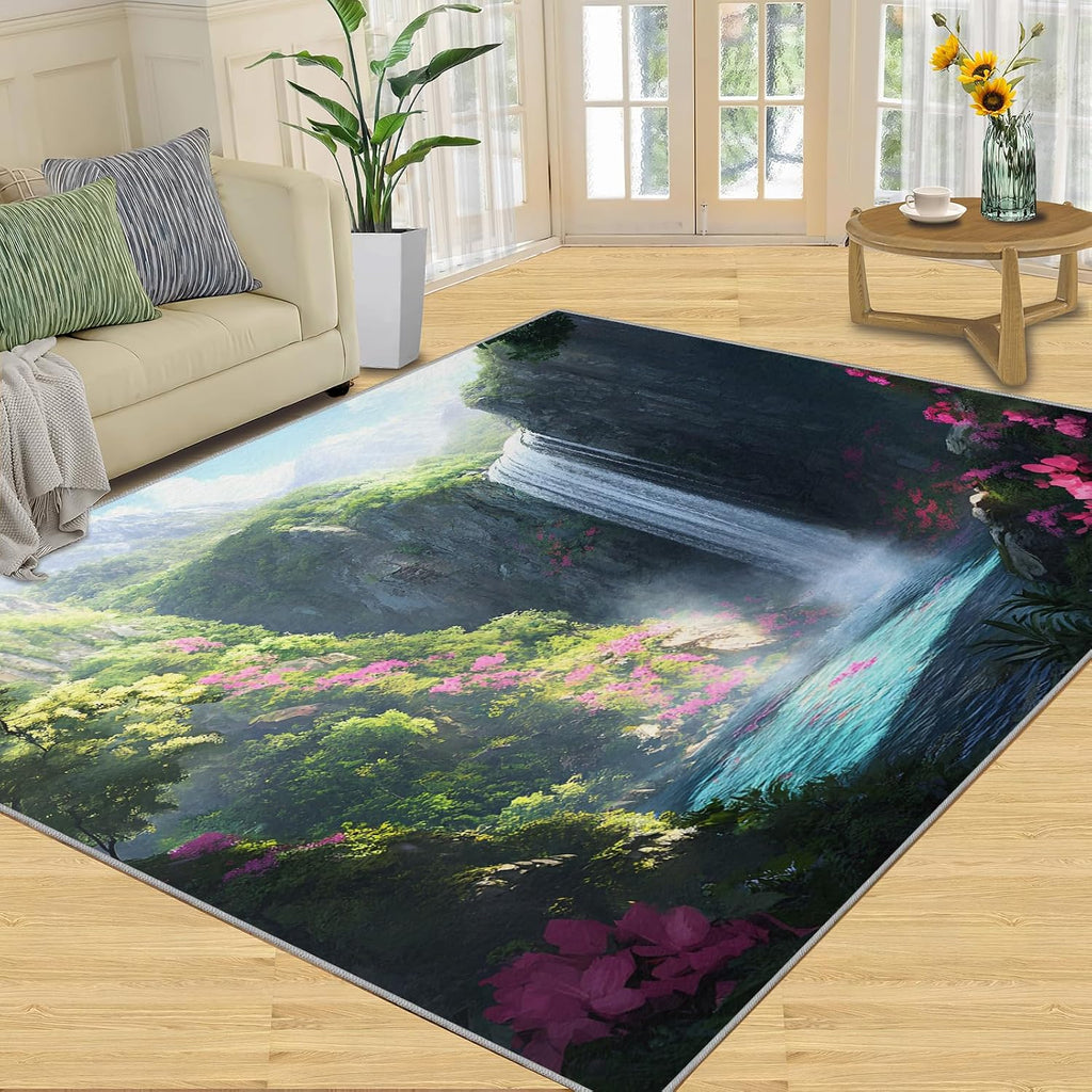 Nature Landscape Rug 6x8-6x8 Rug, Waterfall Area Rugs for Living Room, Natural Scenery Rugs for Bedroom, Mountain Non-Slip Mat, Landscape Home Decor & Gifts