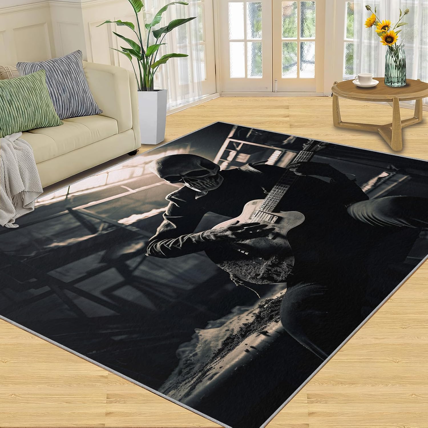 Guitar Player Rug for Kids Room - 5x7 Large Rug, Guitar Skull Rugs for Bedroom Musical Performance Guitar Area Rugs for Living Room Home Decor Washable Rug