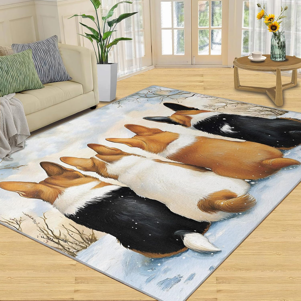 Dog Print Rugs for Living Room, Corgi Puppy Rug, Animal Prints Washable Rugs for Bedroom, Low Pile & Non Slip, Indoor Carpet, 6x8 Area Rug & Home Decor