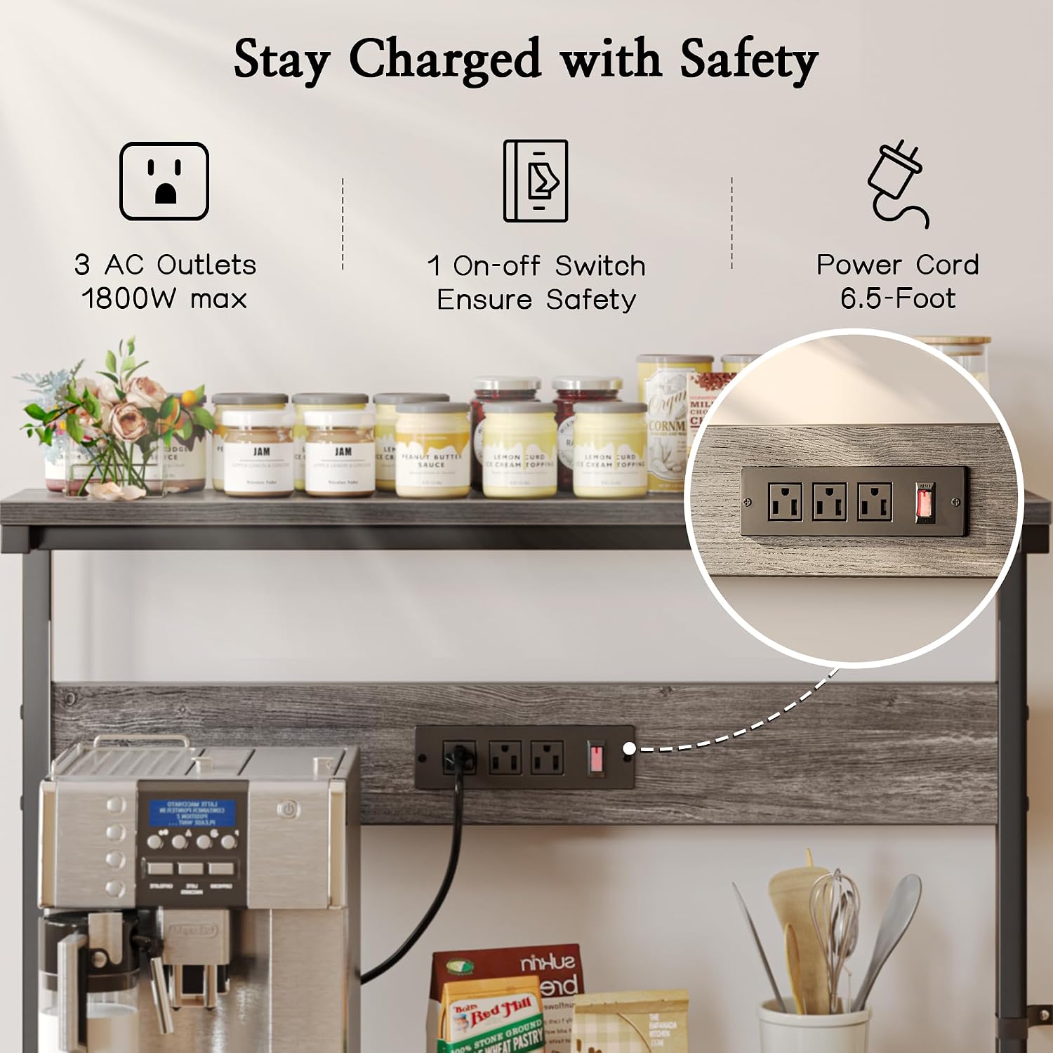 SUPERJARE Bakers Rack with Power Outlets, Microwave Stand, 39.4 X 14.3 Inch Larger Desktop, Kitchen Storage Rack with Adjustable Middle Shelf, 6 S-Shaped Hooks, Coffee Bar Stand, Grey