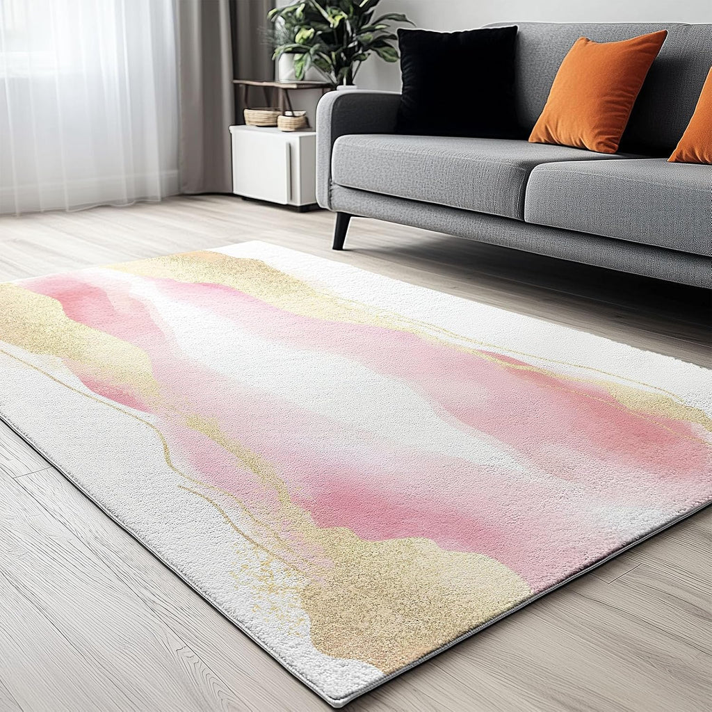 Elegant Blush Marble Washable Modern Area Rug - 6 x 8 ft Rugs for Living Room, Bedroom, Machine Washable Rug Soft Non Slip Non Shedding Area Rug - Multicolor, 6 x 8 ft