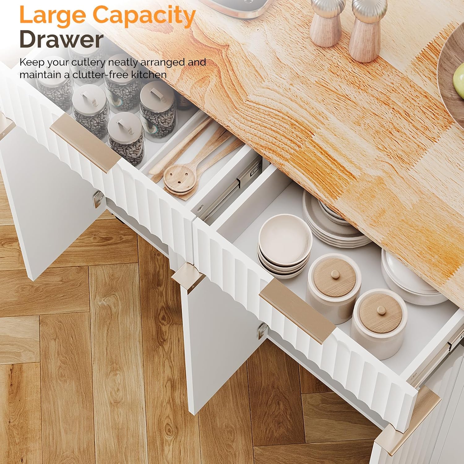 VINGLI Fluted Large Kitchen Island Cart with 2 Draws & 4 Doors, White | Drop-leaf Toptable, Adjuestable Shelves, Towel Bar, 3-tier Side Storage Rack, 360° Rolling Design