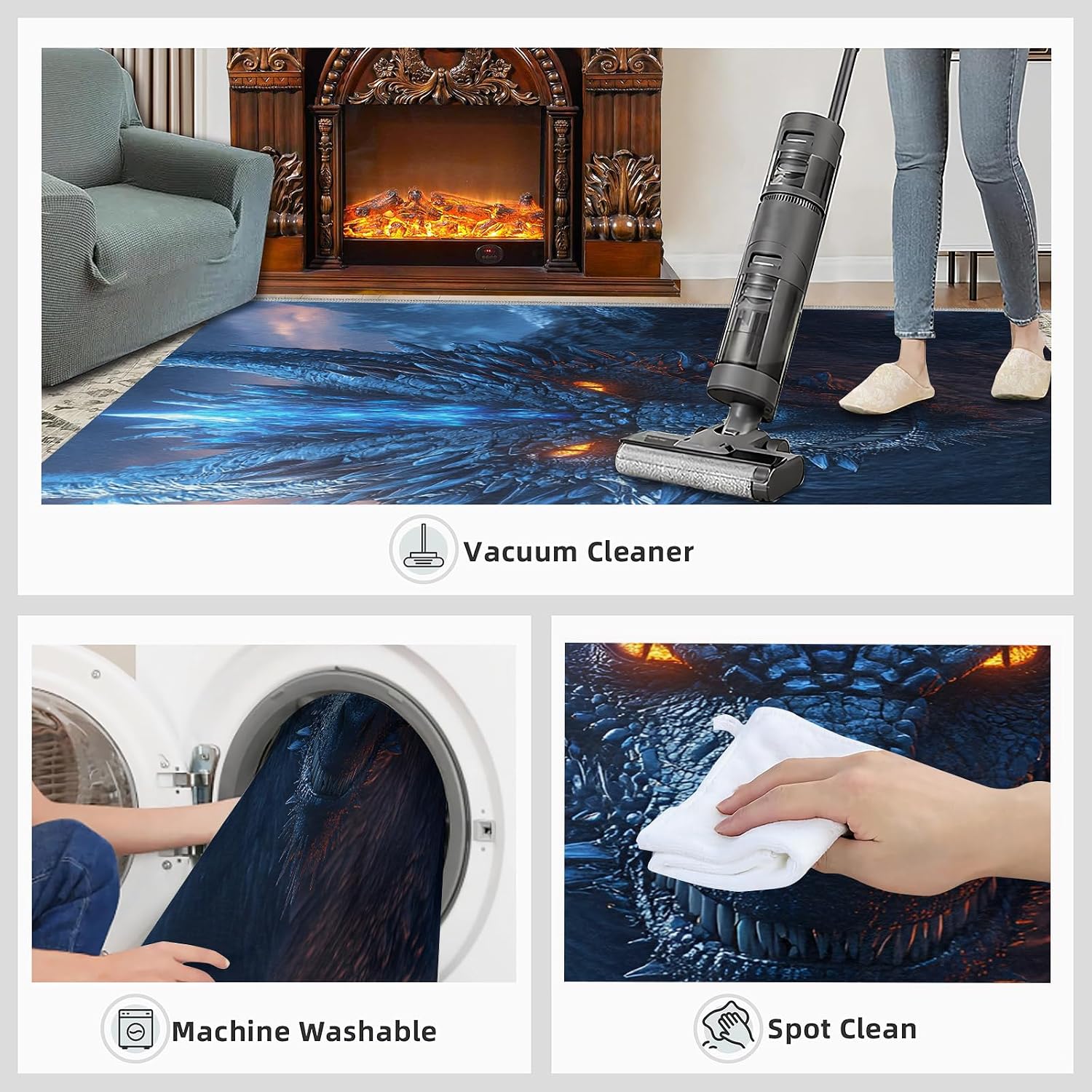 Dragon Rugs for Bedroom, Blue Dragon Area Rug, Fantasy Animal Prints Rugs for Living Room, 6x8 Washable Rug Non Slip & Low Pile, Indoor Carpet & Home Decor