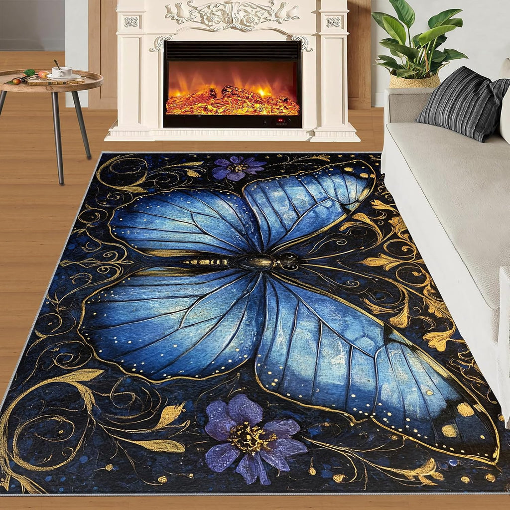 Butterfly Rugs for Bedroom, Luxury Decor Rug 6x8, Retro Exquisite Decor Dining Room Rugs Washable & Non Slip Large Carpet for Home Decor