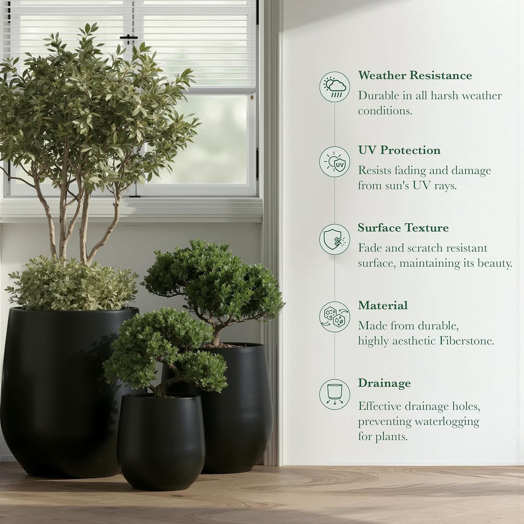 DTY Premium Mt Wilson Tall Tapered Fiberstone Planter for Indoor Outdoor Use, Modern Large Olive Tree Pot with Drainage Hole, Includes 2 Coco Mats. Black, Large 20.1'' D x 21.9'' H. 15.4' Pot Opening