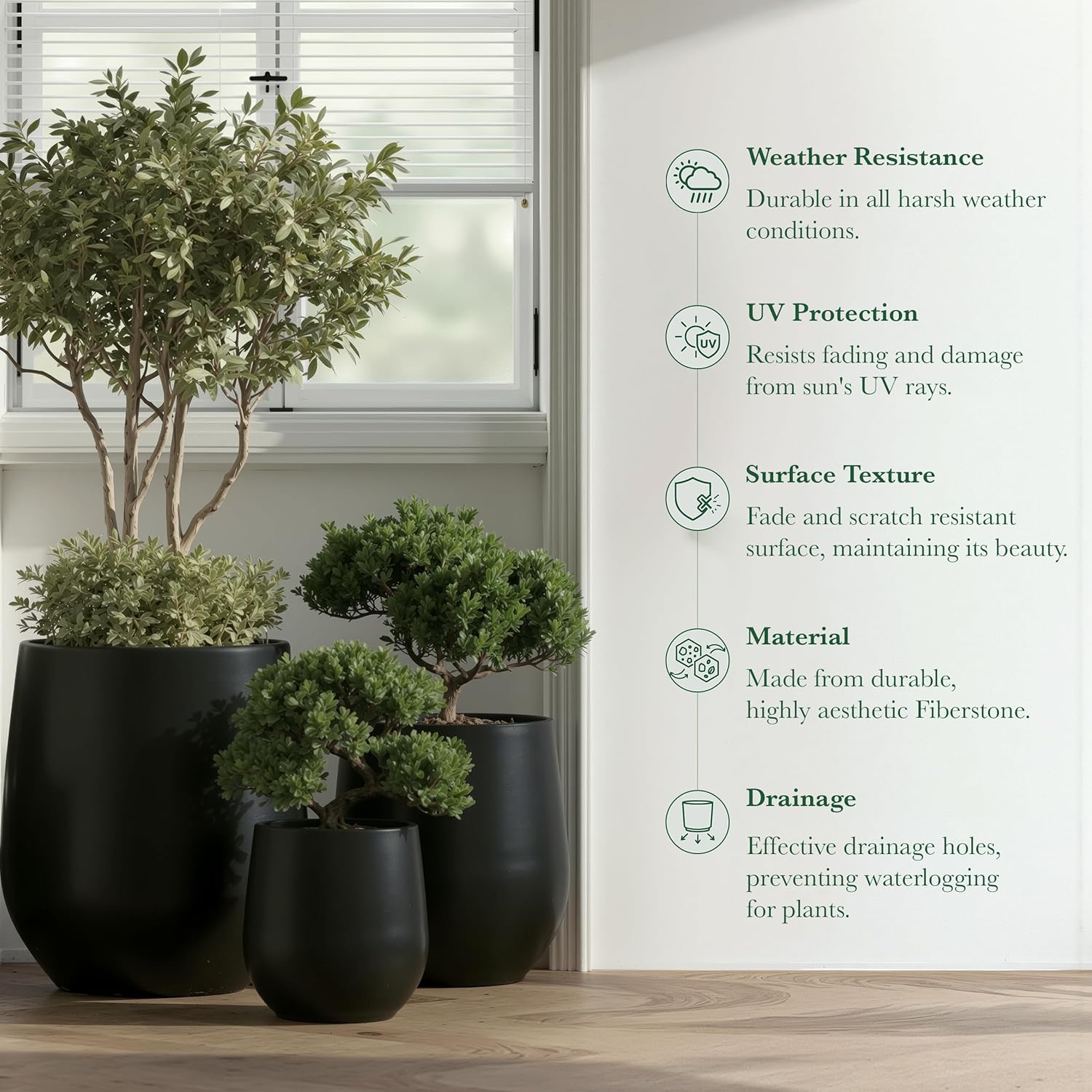 DTY Premium Mt Wilson Tall Tapered Fiberstone Planter for Indoor Outdoor Use, Modern Large Olive Tree Pot with Drainage Hole, Includes 2 Coco Mats. Black, Large 20.1'' D x 21.9'' H. 15.4' Pot Opening