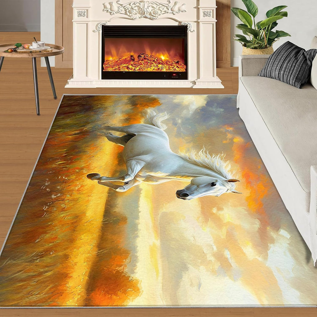 Galloping Horse Rugs for Bedroom, Vintage Animals Rug 6x8, Landscape Oil Painting Dining Room Rugs Washable & Non Slip Large Carpet for Home Decor