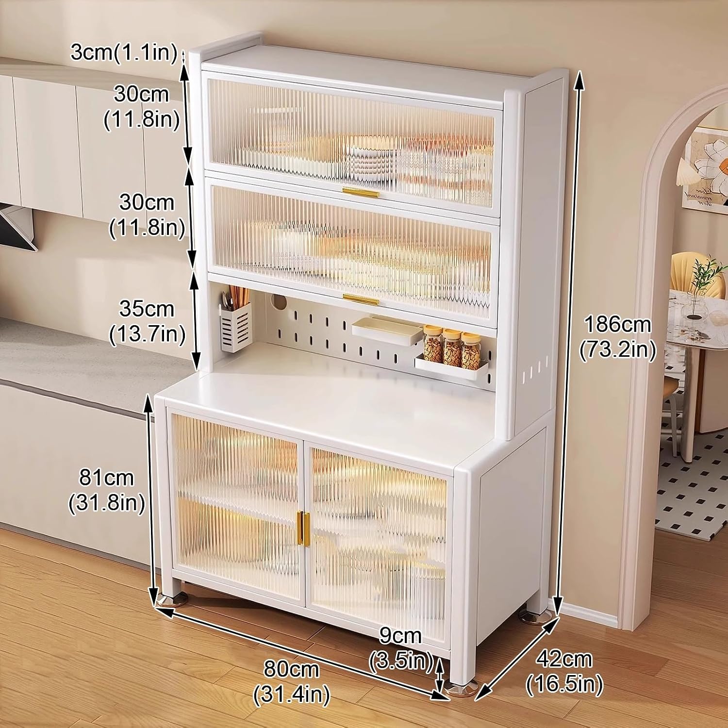 6-Tier Kitchen Bakers Rack, Kitchen Microwave Stand, Bakers Rack with Storage, Pegboard, Adjustable Shelf(White-80Cm)