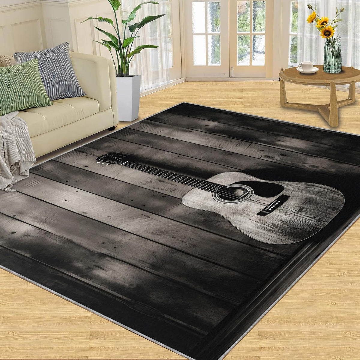 Gray Guitar Area Rug 5.3x6.6ft Music Lover Kids Rugs, Vintage Wooden Board Rug for Bedside, Indoor Non Slip Carpet for Music Room Bedroom Classroom Recording Studio