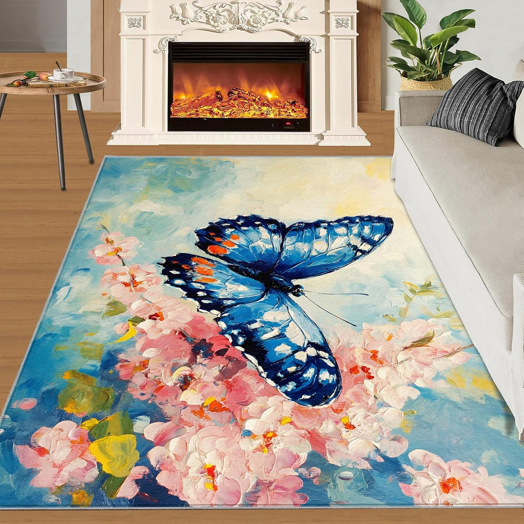 Blue Butterfly Rug 6x8 - Florals Oil Painting Large Rugs for Living Room, Flowers Carpet Area Rug for Girls Bedroom Kids Room Basement Office Classroom