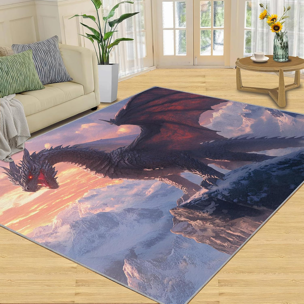 Dragon Rugs for Bedroom, Snow Mountain Dragon Rug 6x8, Mythical Creature Dining Room Rugs Washable & Non Slip Large Carpet for Home Decor
