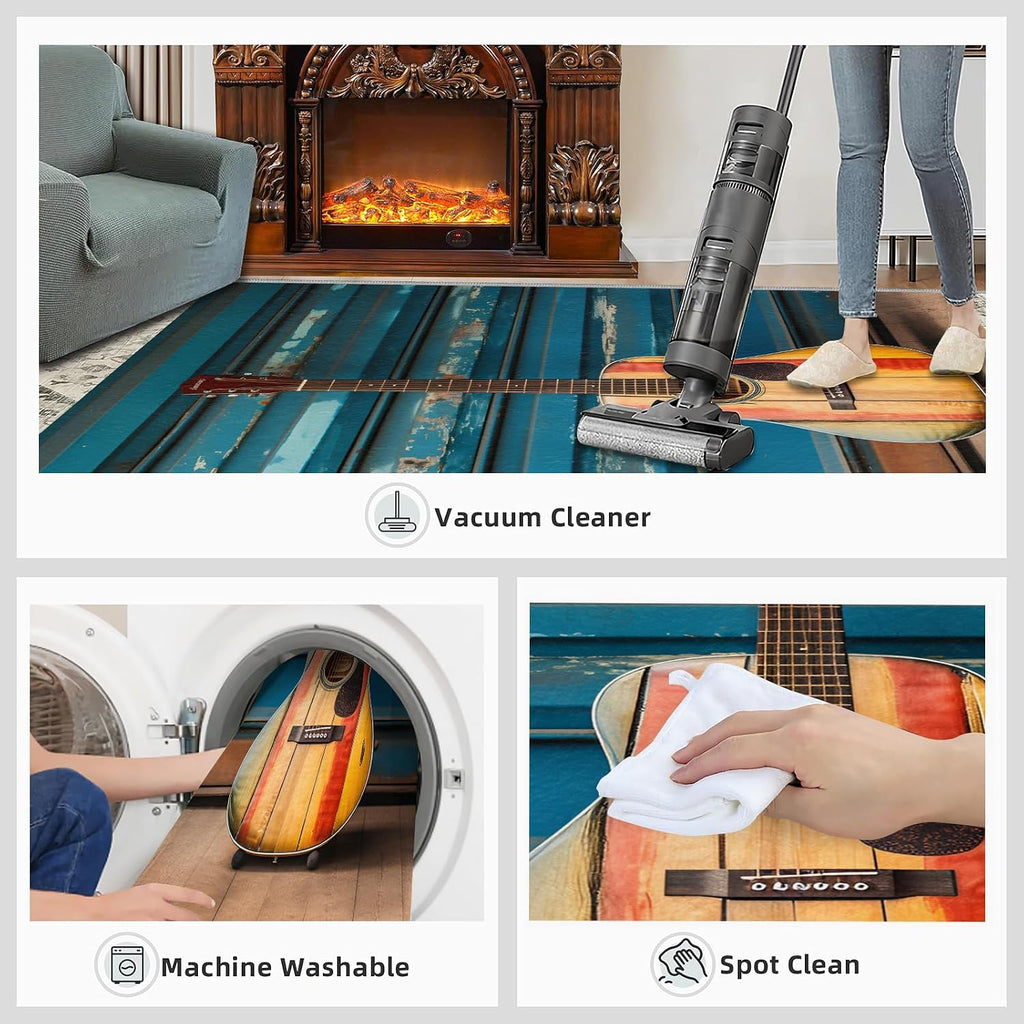 Area Rug 6x8ft, Musical Instruments Guitar Rugs for Living Room, Music Theme Home Bedroom Rug, Machine Washable Breathable Durable Indoor Carpet for Bedside Porch Entryway Office