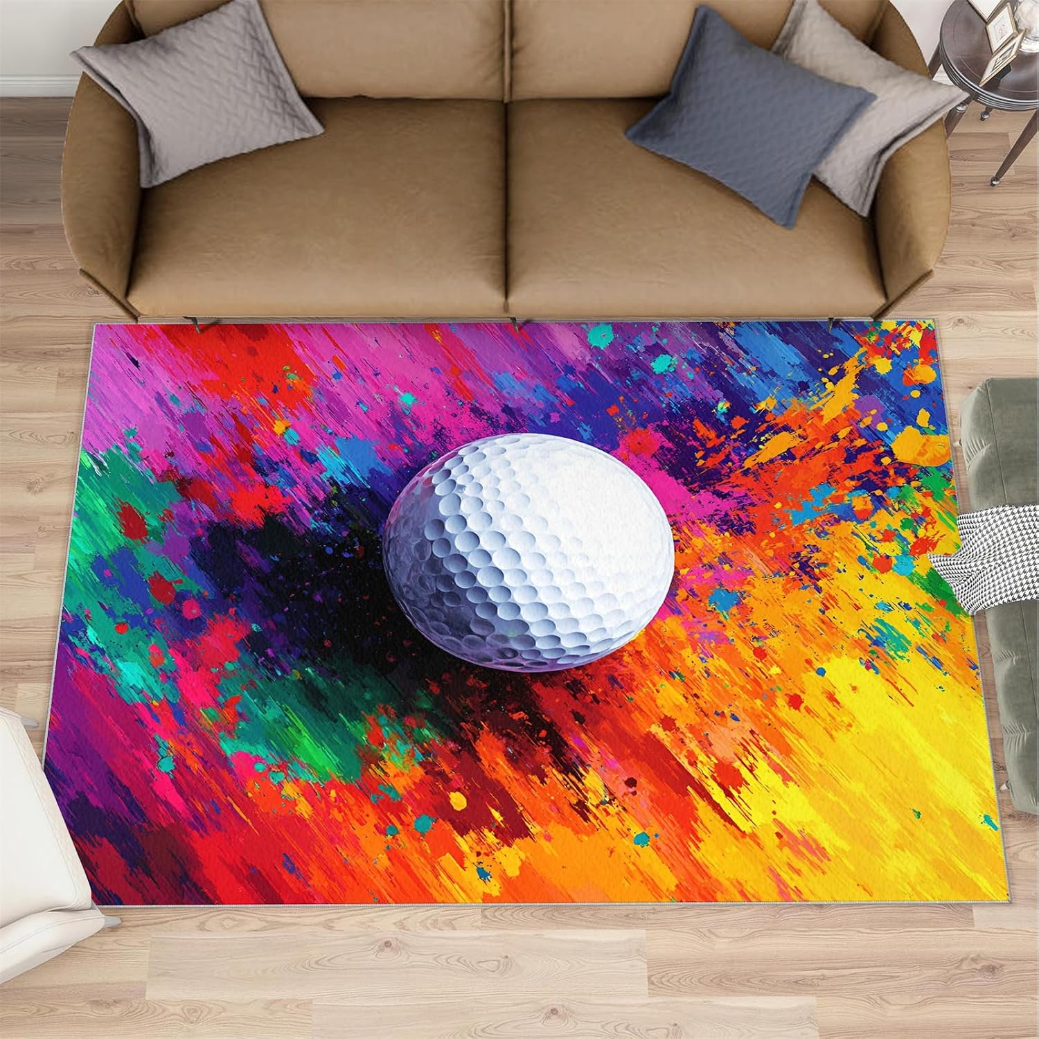 Golf Rug 6x8-6x8 Rug, Sports Theme Area Rugs for Bedroom, Colorful Ink Splash Rugs for Living Room, Modern Art Washable Carpet, Golf Home Decor & Gifts