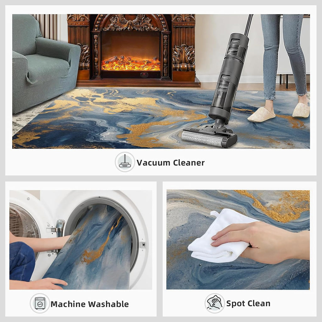 Blue Marble Area Rug, Marble Print Rugs, Machine Washable Kids Rug for Living Room Bedroom Children's Room Dormitory Decor Floor Mat 6x8