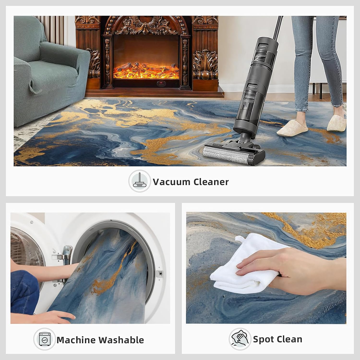Blue Marble Area Rug, Marble Print Rugs, Machine Washable Kids Rug for Living Room Bedroom Children's Room Dormitory Decor Floor Mat 6x8