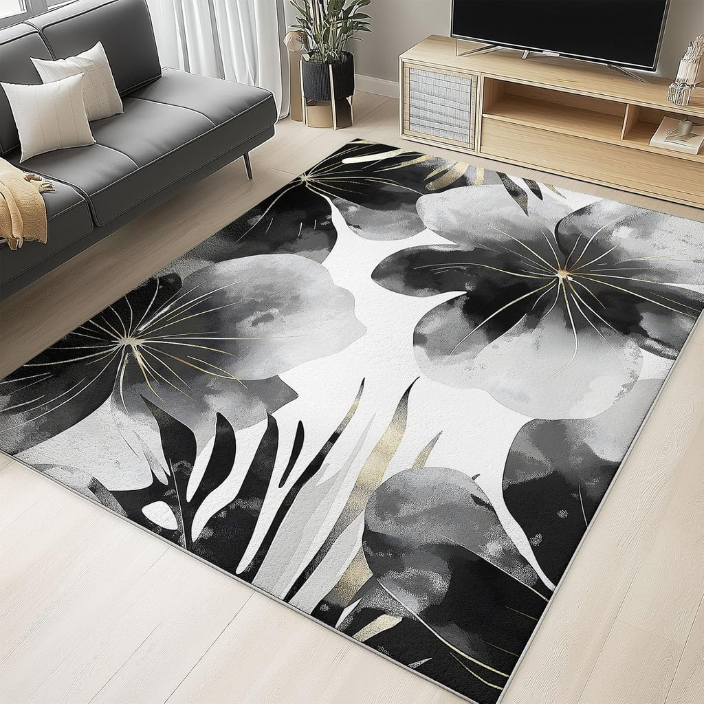 Washable Non-Slip Area Rug Resistant, Artistic Watercolor Flowers Theme for of Living Room Bedroom Kids Room, Nursery, Office, Kitchen, Black 6 x 8 ft Carpet Pet & Child Friendly
