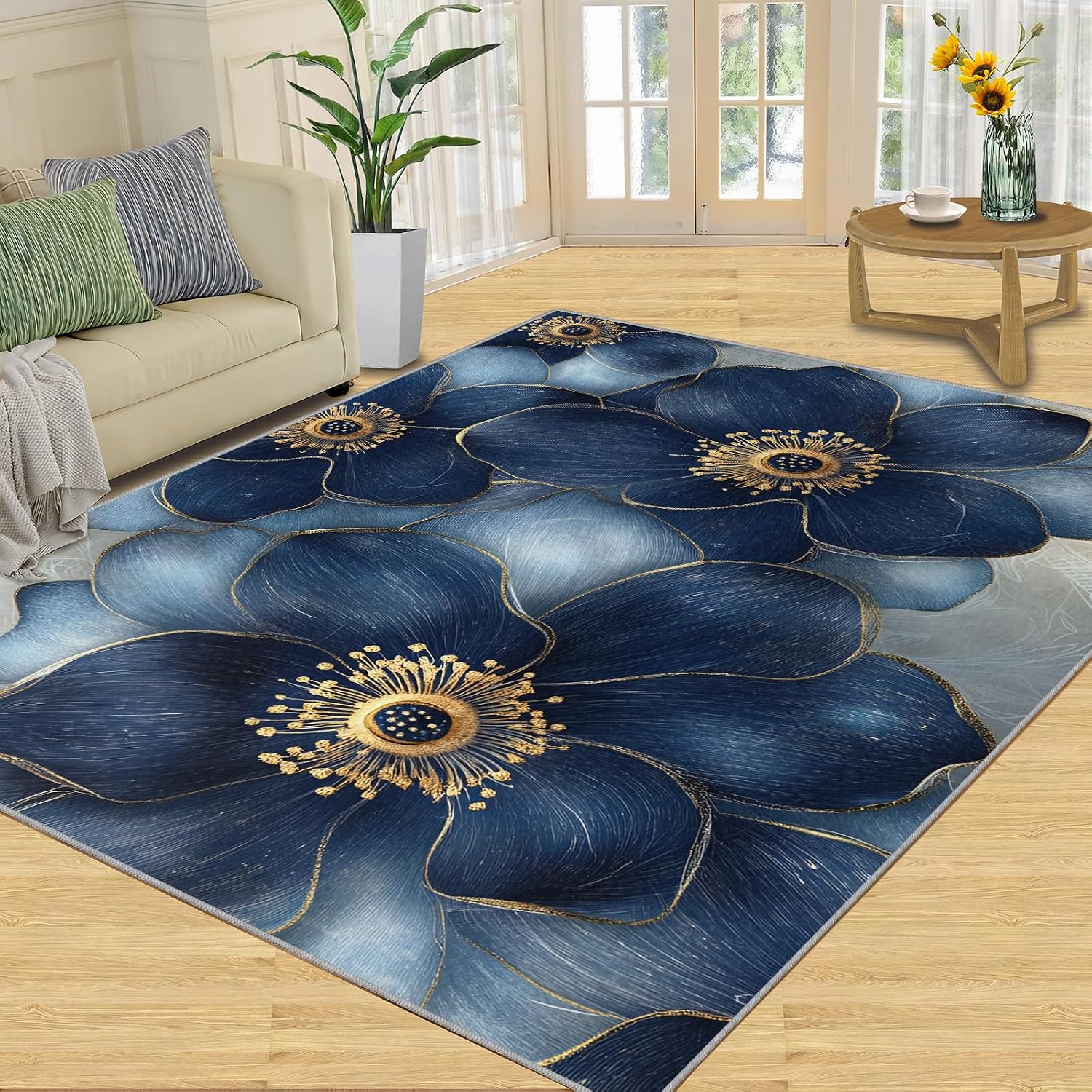 Deep Blue Florals Area Rug 6x8 - Noble Florals Large Rugs for Living Room, Elegant Flowers Carpet Area Rug for Girls Bedroom Kids Room Basement Office Classroom