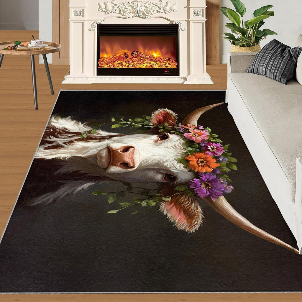 Cow Rug 6x8, Farm Cattle Rugs for Bedroom, Rural Animals Rugs for Living Room, Home Decor Area Rug, Non-Slip Machine Washable Carpet