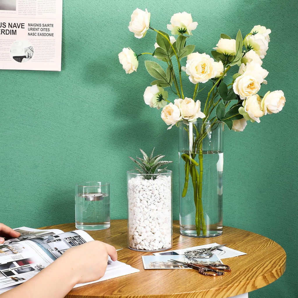 Nuogo 60 Pcs Plastic Cylinder Vases Tall Plastic Flower Vases for Centerpieces Hurricane Candle Holder for Home Wedding Office Party Formal Dinners Decorations (4''/6''/8'')