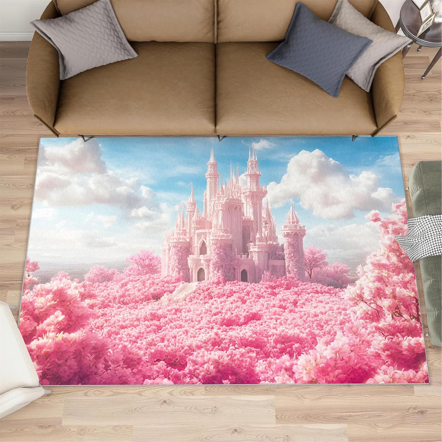 Fairy Castle Rugs for Bedroom, Pink Castle Rug 6x8, Romantic Fairy Tale Dining Room Rugs Washable & Non Slip Large Carpet for Home Decor