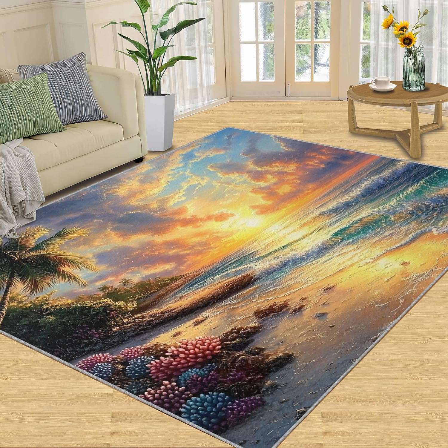 Beach Rug 6x8, Scenery Rugs for Living Room, Oil Painting Beach Area Rug, Washable Rugs for Bedroom, Kitchen Dining Room Decor Carpet