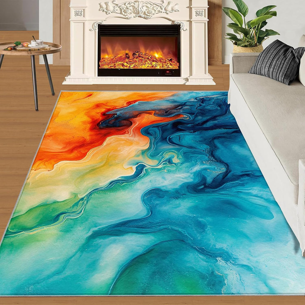 Colorful Marble Rug Large - 6x8 Rug, Green Orange Fluid Washable Rugs for Living Room, Abstract Carpet, Contemporary Non-Slip Area Rugs for Bedroom, Modern Carpet, Marble Home Decor