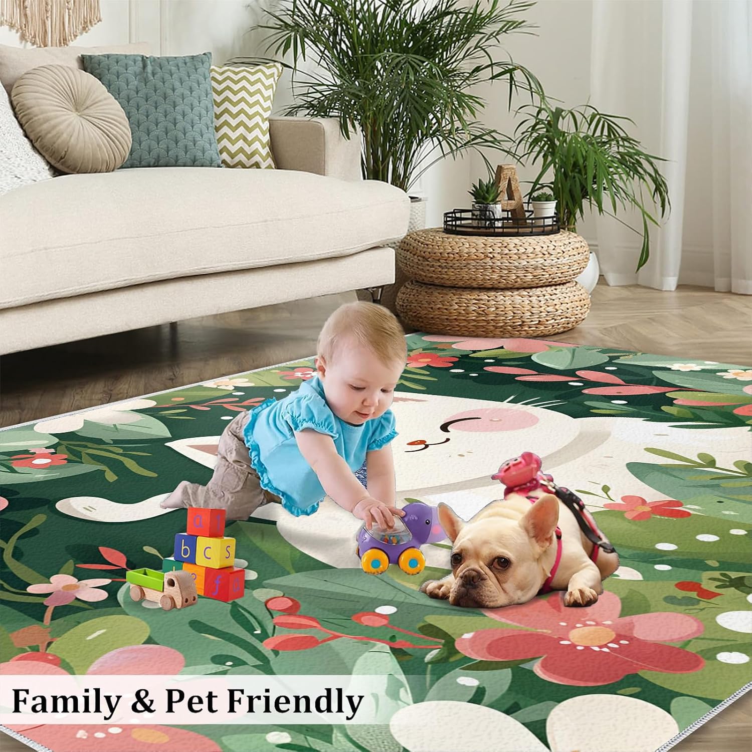 Cat in The Garden Rug for Kids Room - 6x8 Large Rug, Animal Cat Rugs for Bedroom Watercolor Flowers Area Rugs for Living Room Home Decor Washable Rug