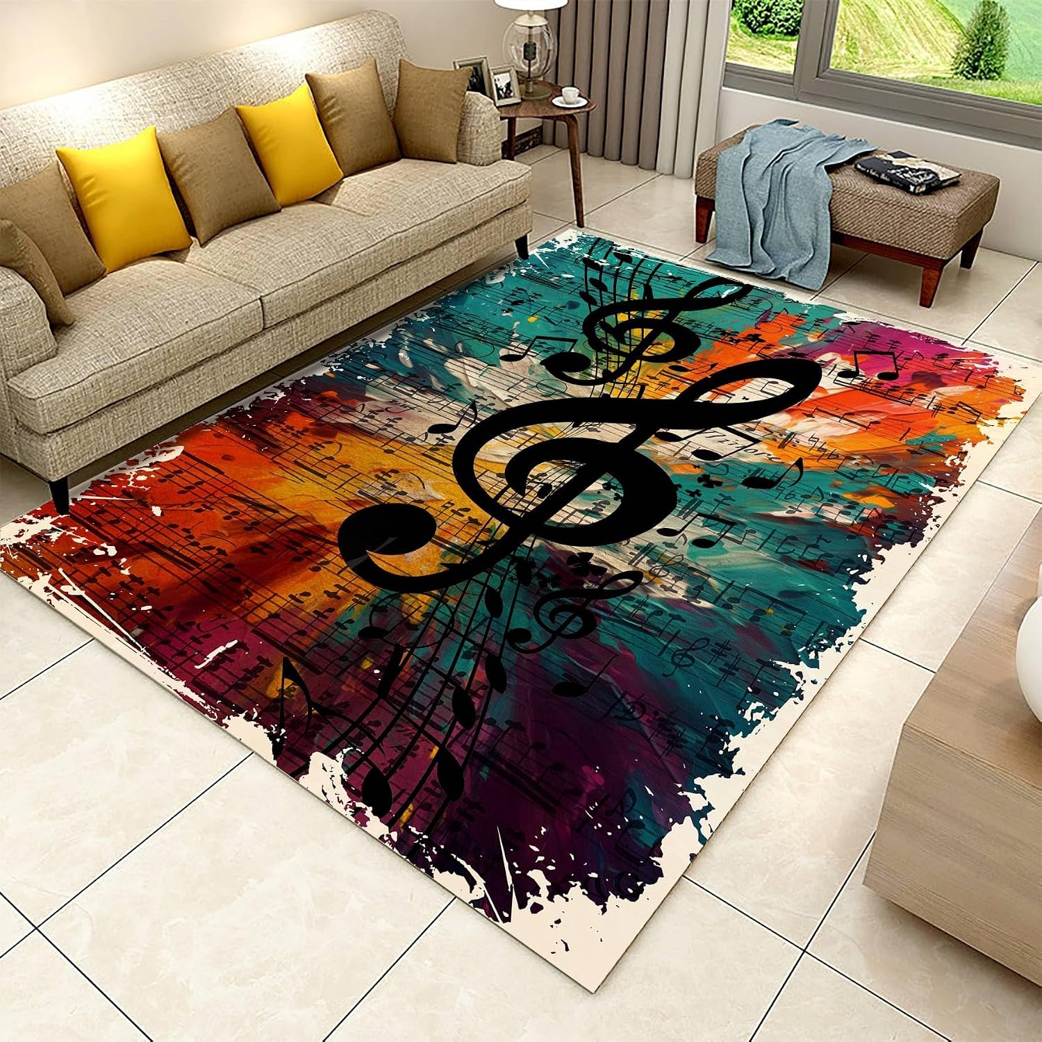 Black Musical Notes Area Rug 6x8ft Music Room Decor Sheet Music Rug Multicolor Washable Orange Blue Yellow Purple Colorful Rug for Music Studio Living Room Entrance Art Deco Rug