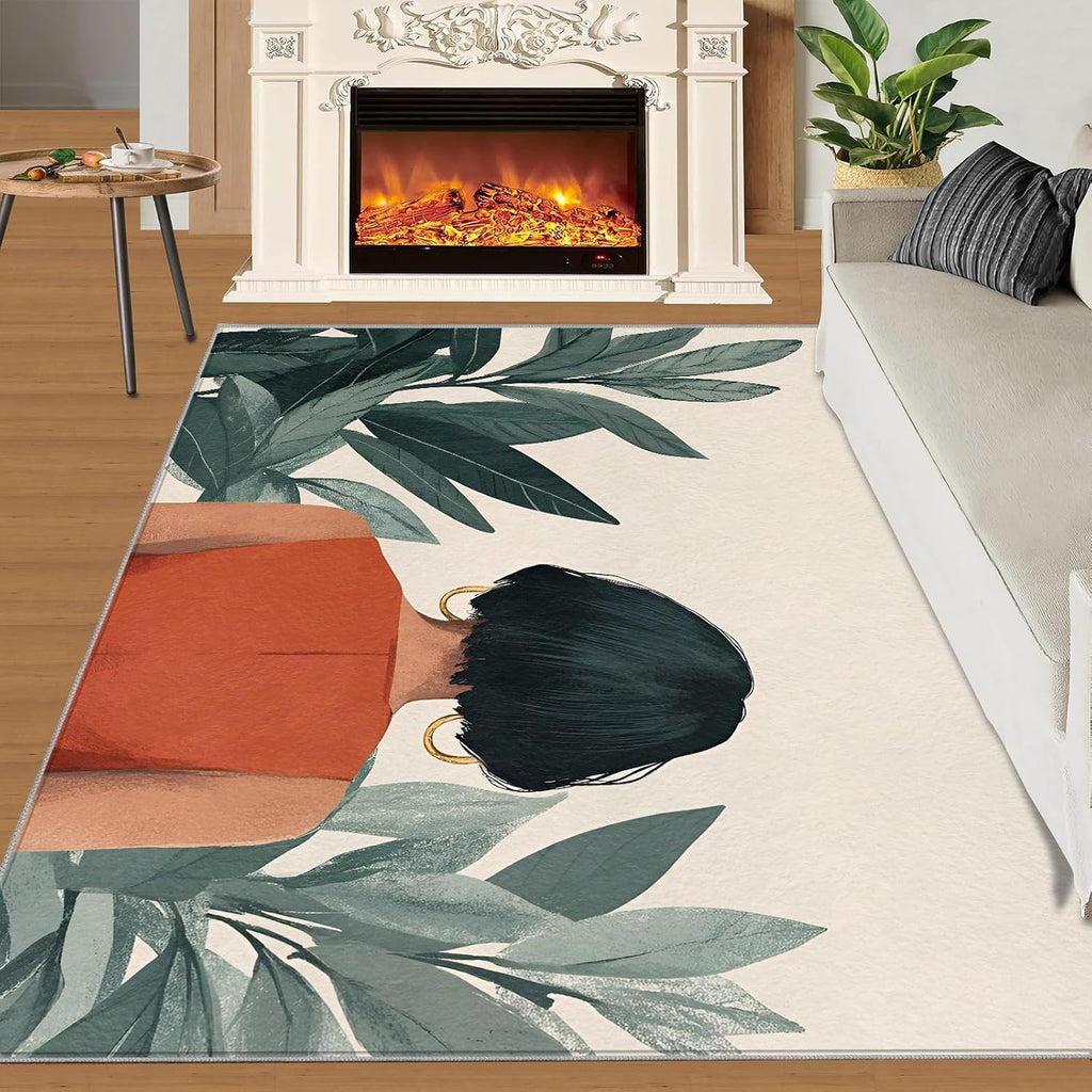6x8 Fashion Portraits Classroom Rugs - Woman Plants Playroom Rug, Minimalist Art Carpet Area Rug for Girls Bedroom Kids Room Basement Office Classroom