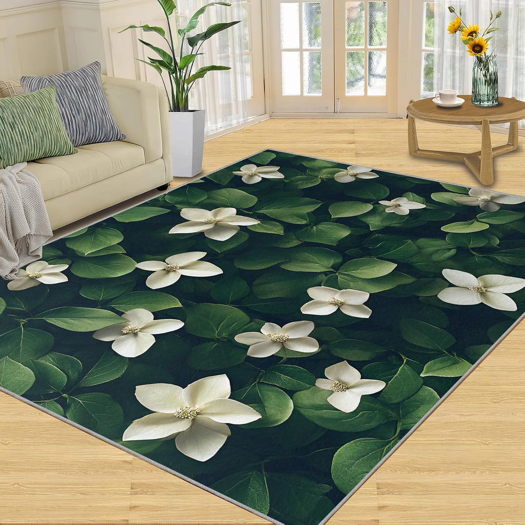 Flowers Rug, Plants Rugs for Bedroom 5x7 Rug, Green Leaves Area Rug, Rugs for Living Room, Non Slip Washable Carpet for Kids Room Home Decor