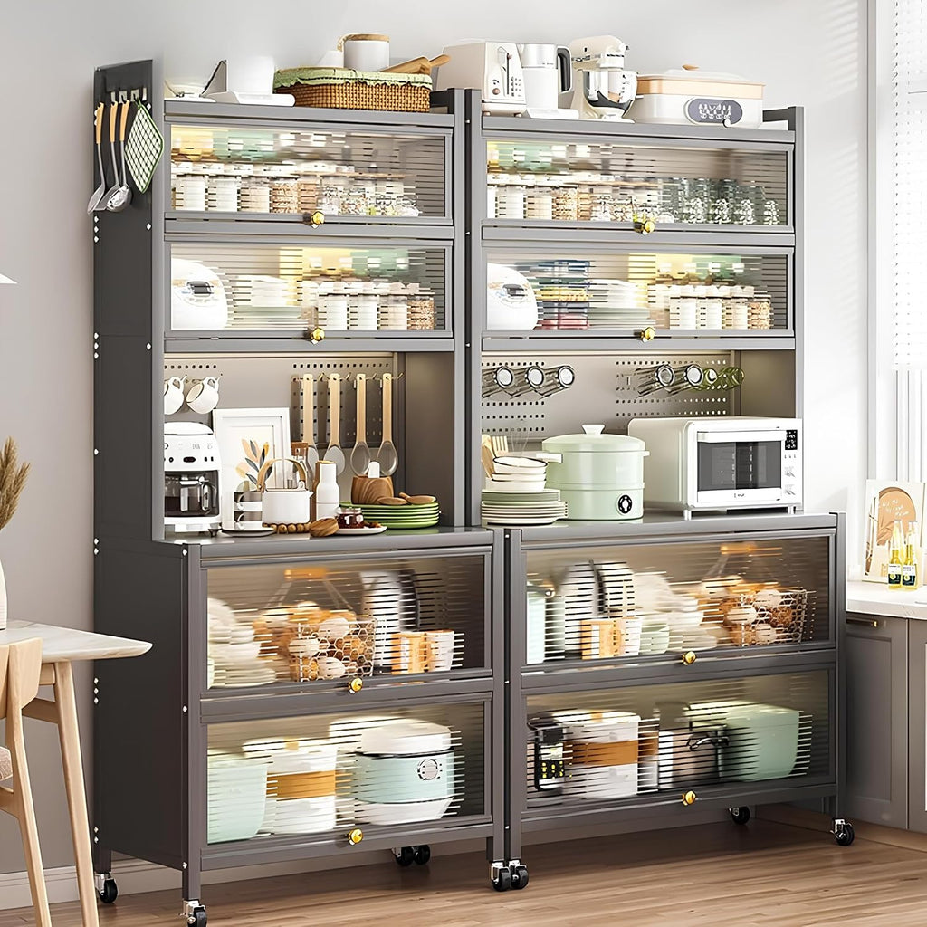 Free Standing Bakers Rack 6-Tier Kitchen Units Kitchen Storage Shelves Large Metal Kitchens Rack with Flip Door and Pegboard and Wheels & 8 Hooks(Gray,L-100CM/39.4IN)