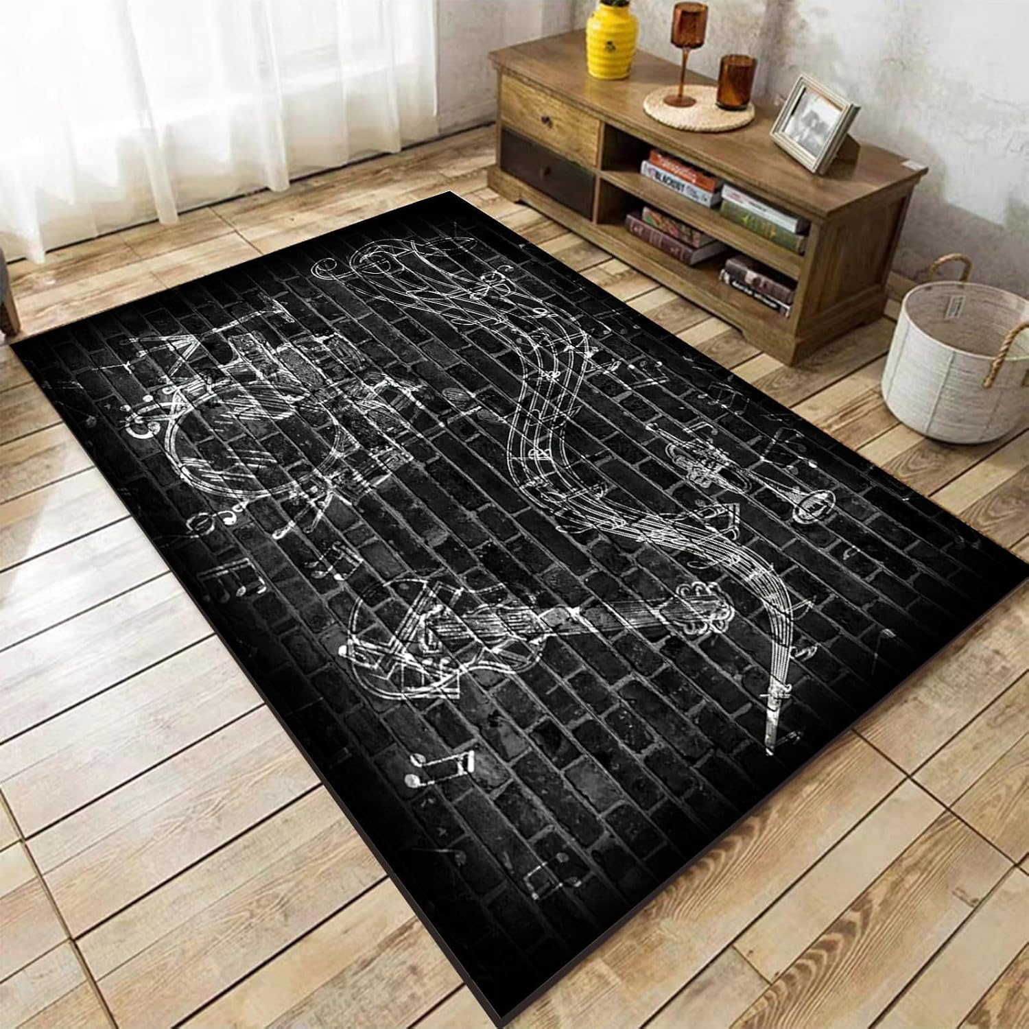 Drum Guitar Area Rug, 6x8ft, Music Playing Musical Note Melody Indoor Carpet, Anti-Skid Reduce Noise Kids Rugs, Printed Fade Resistant Rubber Backed Thin Rug for Nursery Entrance