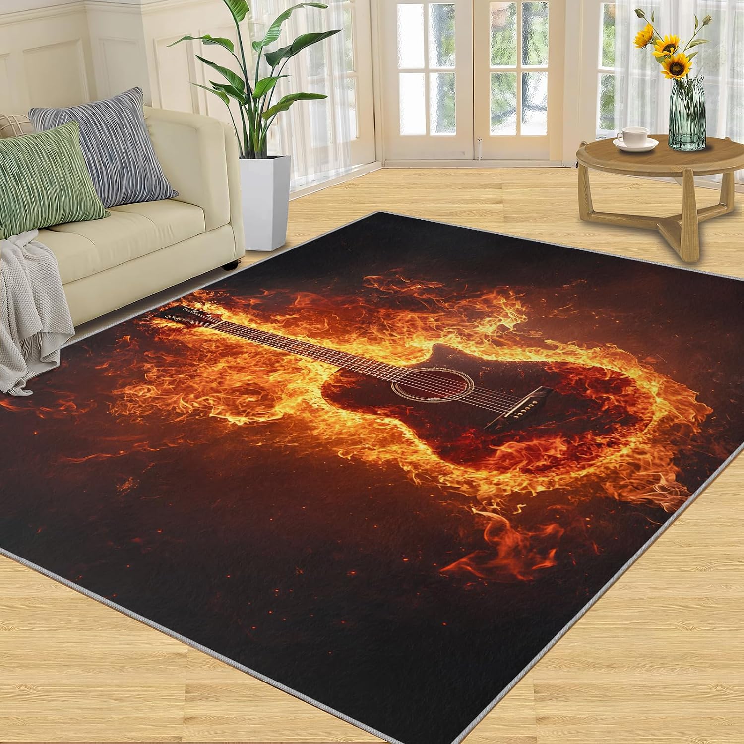 Guitar Rug 6x9, Flame Guitar Rugs for Living Room, Music Rugs for Bedroom, Low Pile Washable Area Rug, Non Slip Carpet for Hardwood Floors