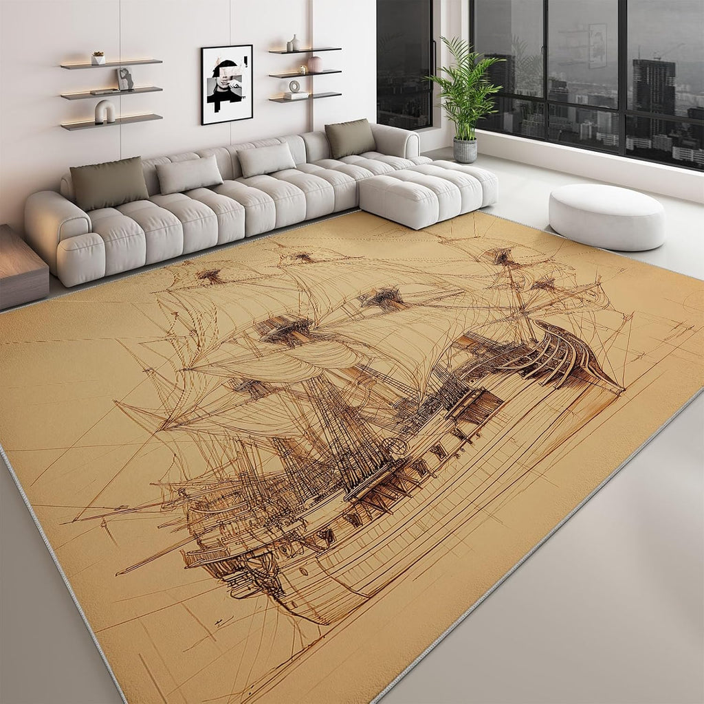 Machine Washable Ocean Sailboat Stripes Area Rugs 5' x 7', Non-Slip Vintage Large Area Rugs Stain Resistant Print Carpet for Home Decor, Kid Pet Friendly Mat