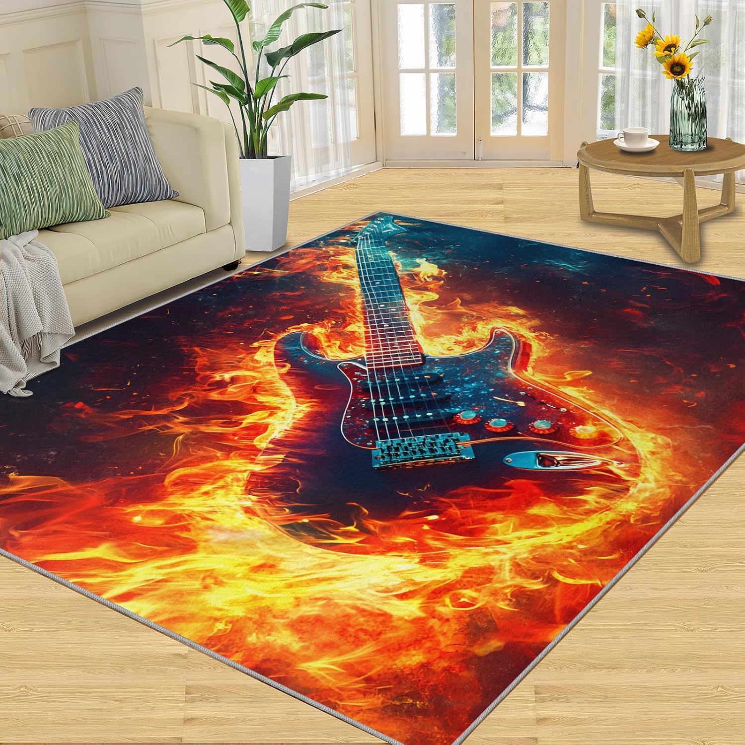 Guitar Living Room Rug, Flame Guitar Area Rug, Washable Bedroom Rugs for Children's Room Dormitory Decor Floor Mat 5x7