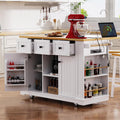Kitchen Storage Island on Wheels with Drop Leaf & Power Outlet, Rolling Kitchen Island Cart with Open Side Racks, Door Shelves and Towel Bar, 53-Inch, White