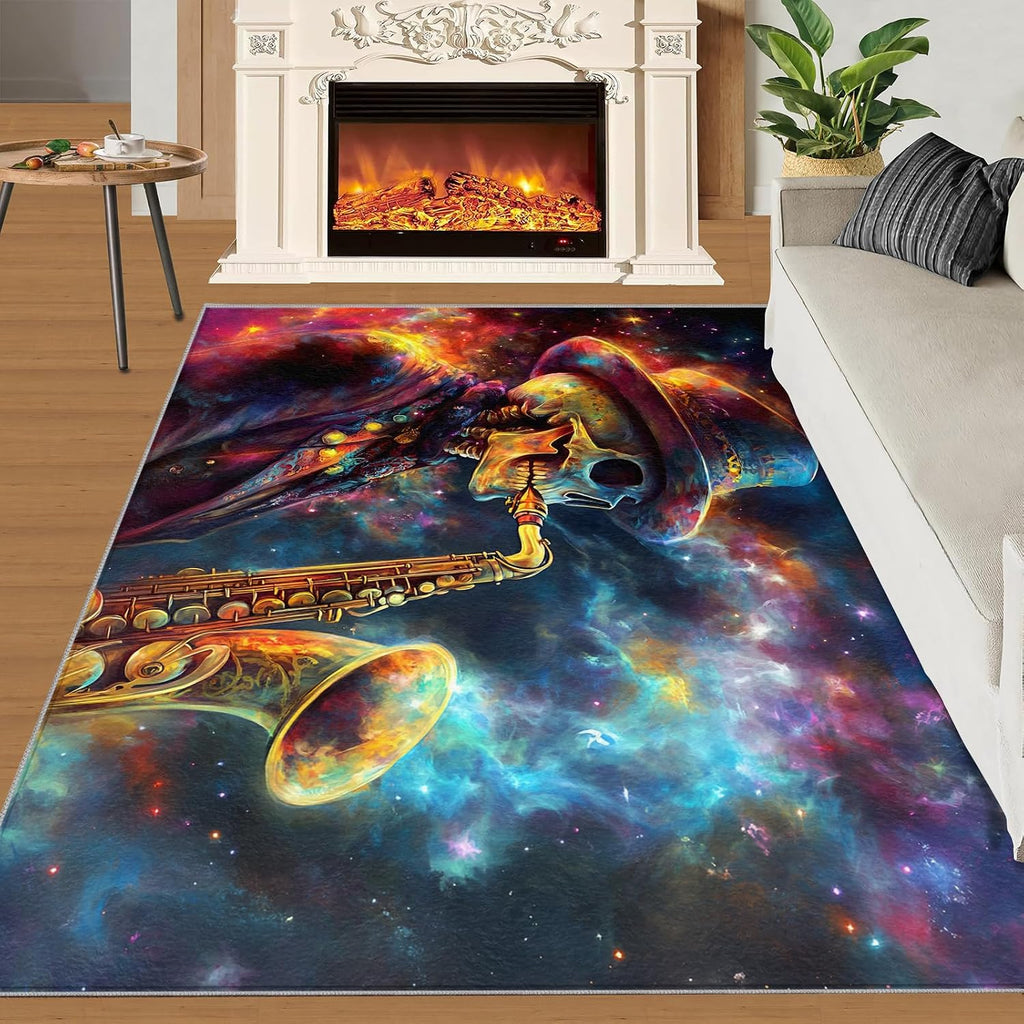 Saxophone Rug for Bedroom 6x8 Rug Skull Rugs, Gothic Style Home Decor, Non Slip Washable Large Rugs, Abstract Musical Instrument Carpet for Boys and Girls Teen Playroom