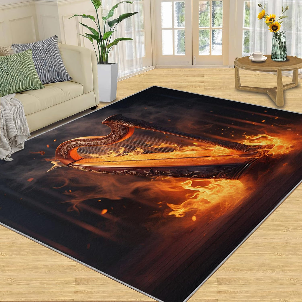 Harp Rug, 6x8 Area Rug, Flame Harp Rugs for Indoor, Golden Burning Instrument Rugs for Kids Bedroom, Notes Guitar Carpet, Crazy Music Washable Rugs for Living Dining Room