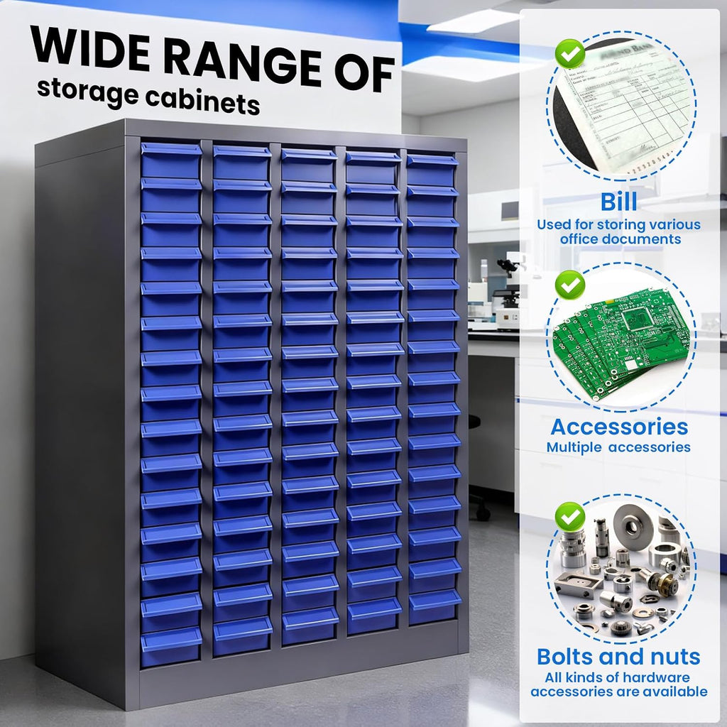 ABS 75 Drawer Parts Cabinet, Stainless Steel Nut and Bolt Organizer Storage, 26' X 9' X 35' Bolt Bin, with 375 Divider, Nut and Bolt Storage for Shops, Toys, Parts, Screws (75 Grids)