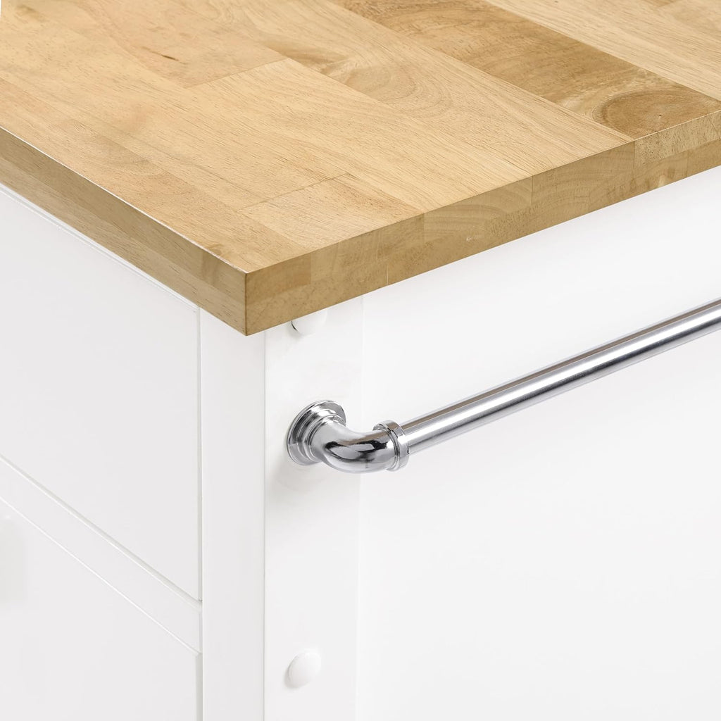OSP Home Furnishings Derry Modern Farmhouse Kitchen Cart with Natural Butcher Block Top, Rolling Storage Cabinet with Drawer, Shelves, Hooks, White Finish
