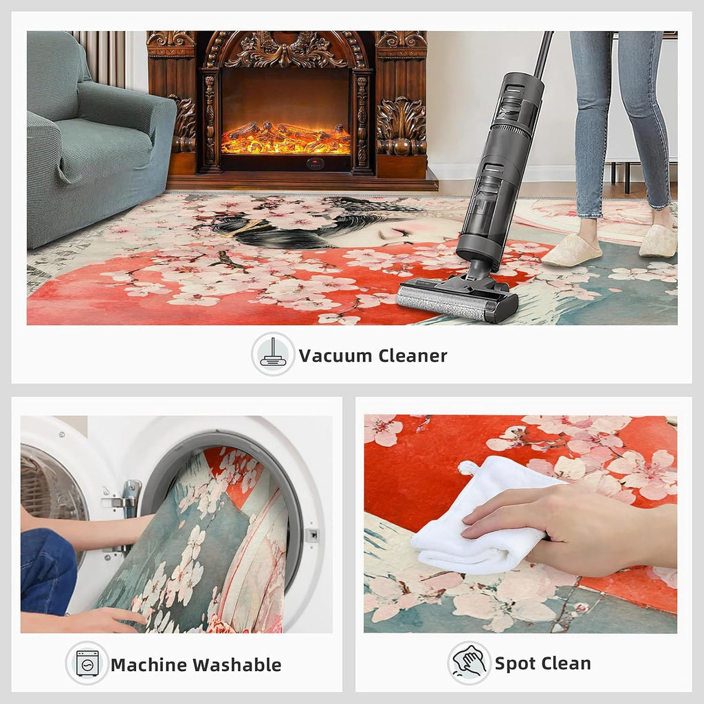 Japanese Rugs for Bedroom, Cherry Blossoms Rug 6x8, Retro Geisha Dining Room Rugs Washable & Non Slip Large Carpet for Home Decor