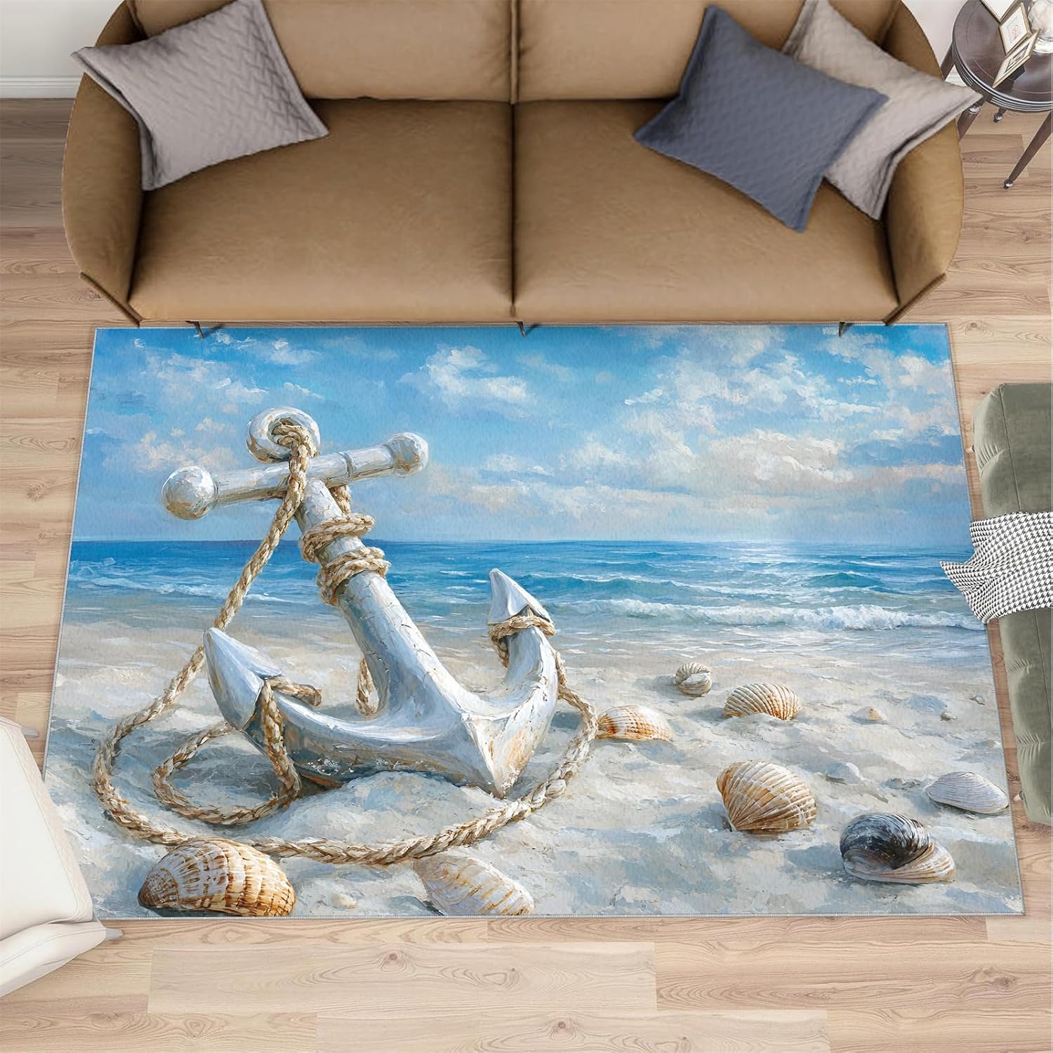 Beach Rug 6x8, Anchor Rugs for Bedroom, Nautical Theme Area Rug, Non Slip Washable Rugs for Living Room Farmhouse, Indoor Low Pile Decor Carpet